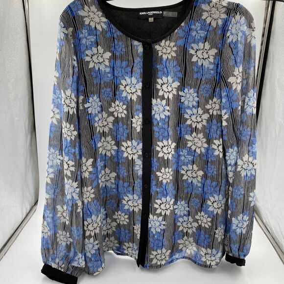 Karl Lagerfeld Tops - Karl Lagerfeld Paris Floral Top Button Front Chiffon Overlay Women’s Sz Medium
